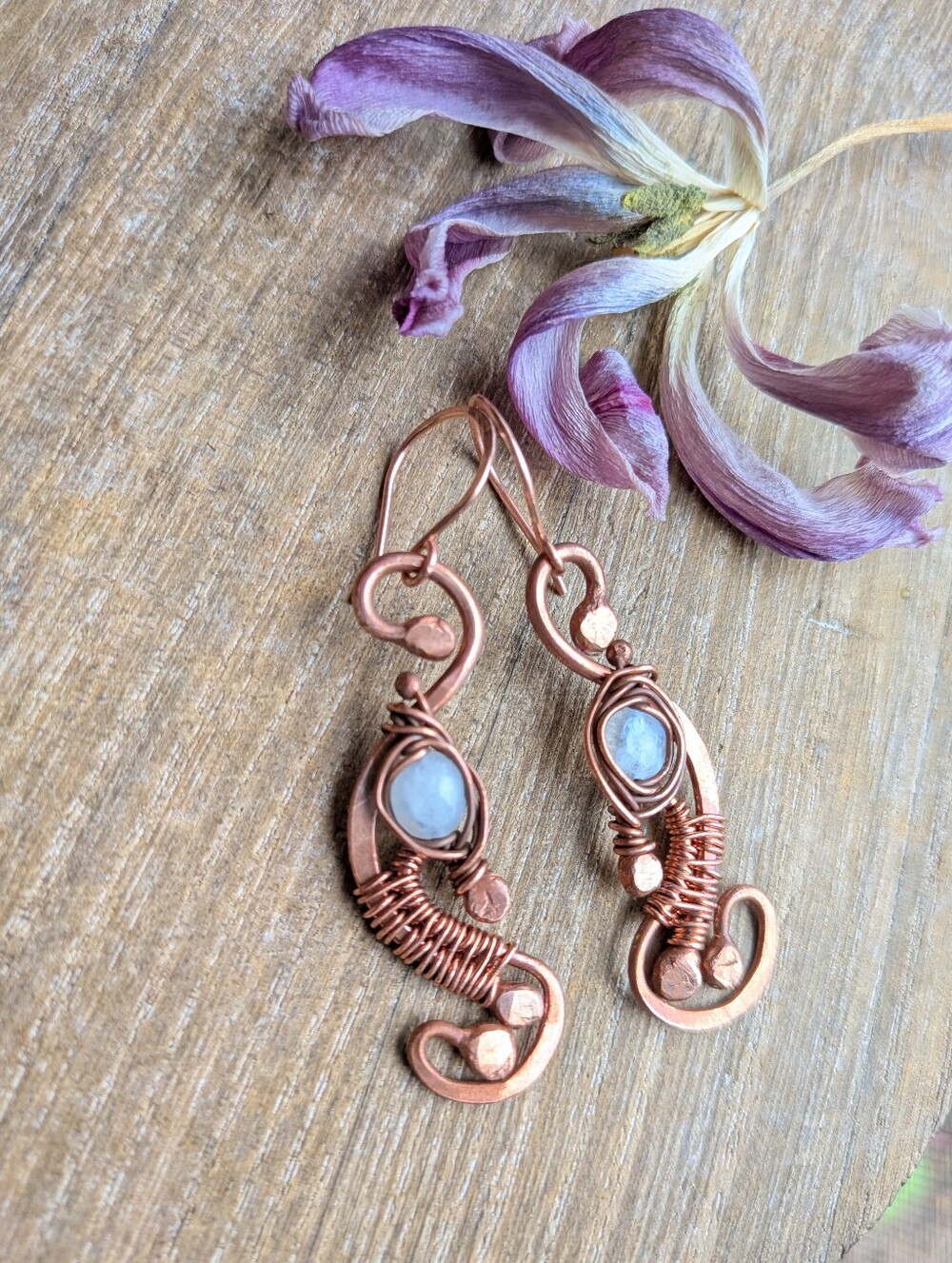 Artisan Copper Earrings with Moonstones - Picture 8 of 11